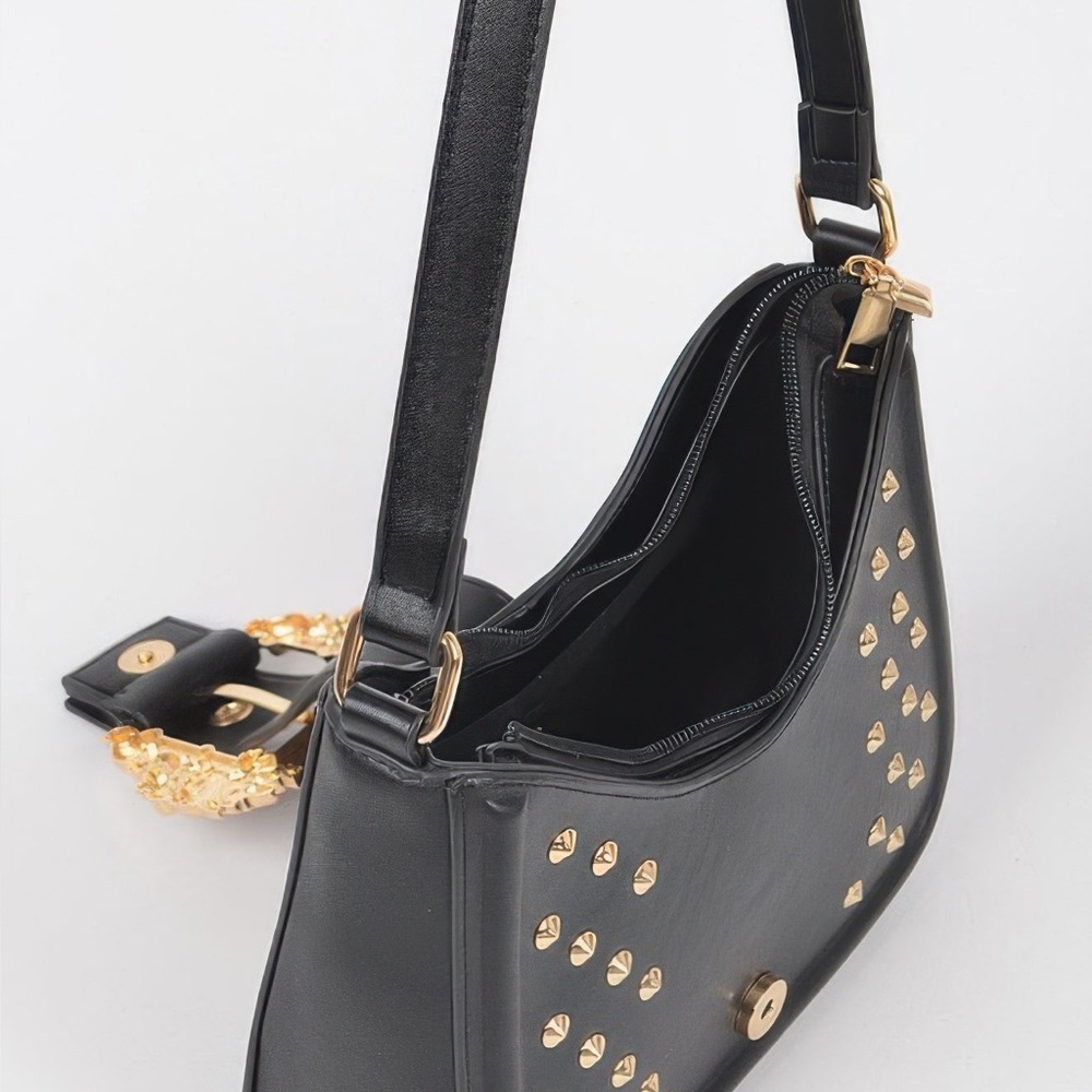 Faux Leather Studded Metal Buckle Shoulder Bag - Picture 6 of 7